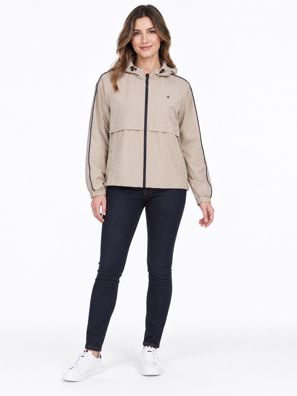 Tommy Hilfiger Beige Hooded Bomber Jacket with Contrast Piping